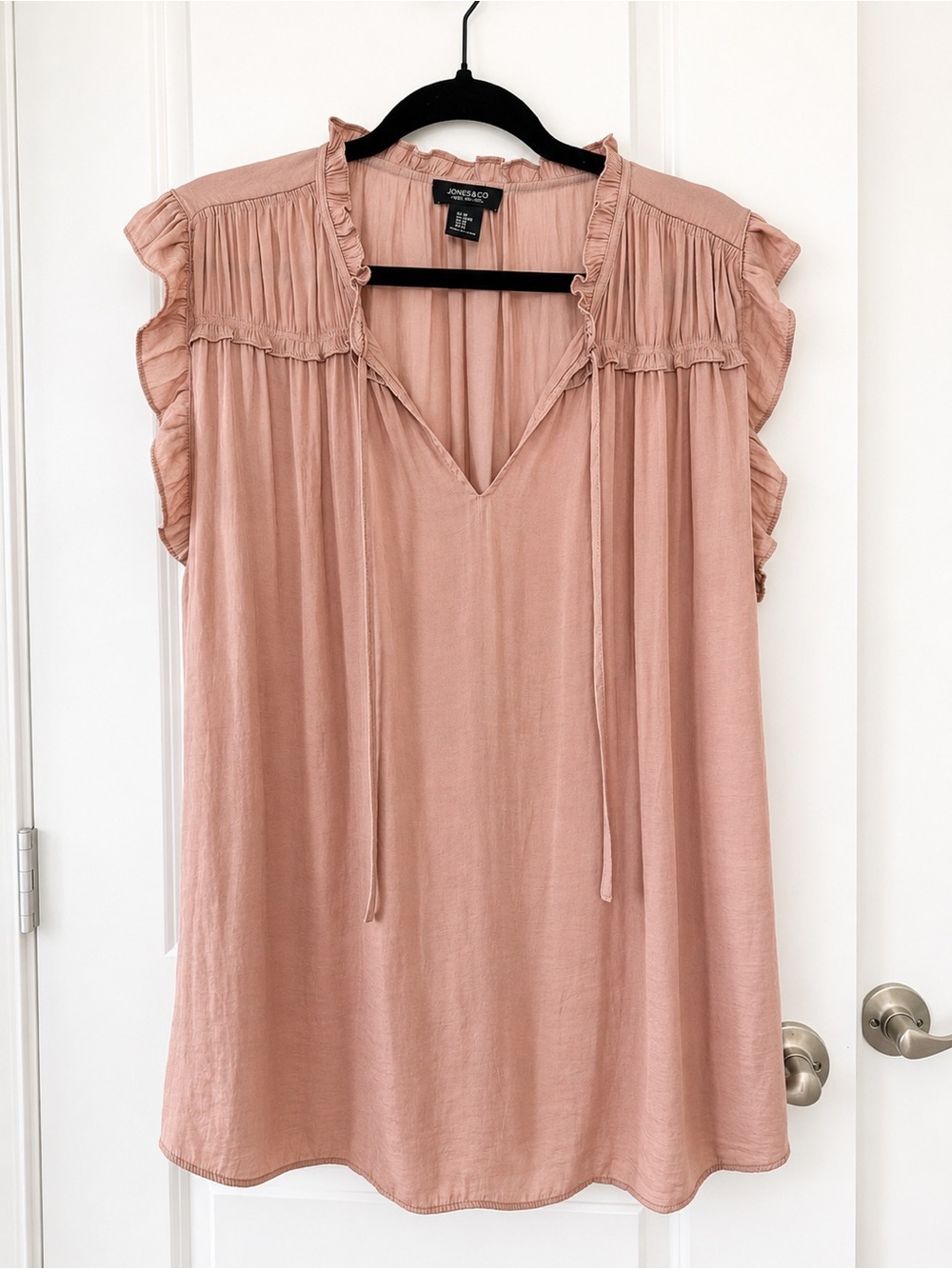 Jones New York Blush Ruffle Sleeve V-Neck Tie-Front Blouse